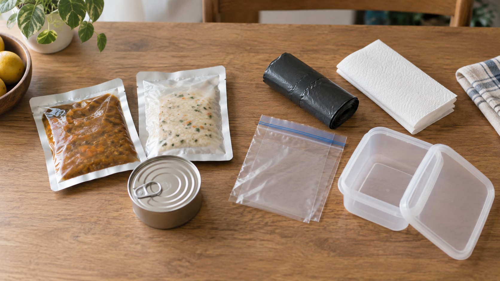 缶詰とパウチ食品の横に並べたごみ袋、紙類、ふた付きの保管容器